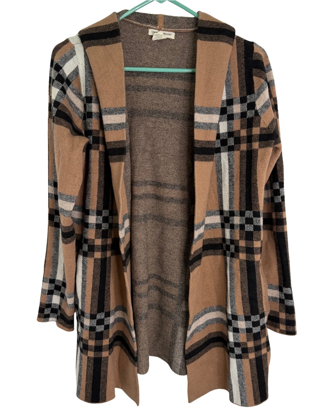 Christian Siriano Plaid Open Front Knot Jacket in Camel, Black, Cream - Picture 1 of 8